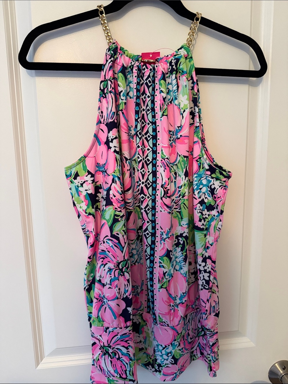 Lilly Pulitzer Pink Floral Halter Tank with Navy Accents
